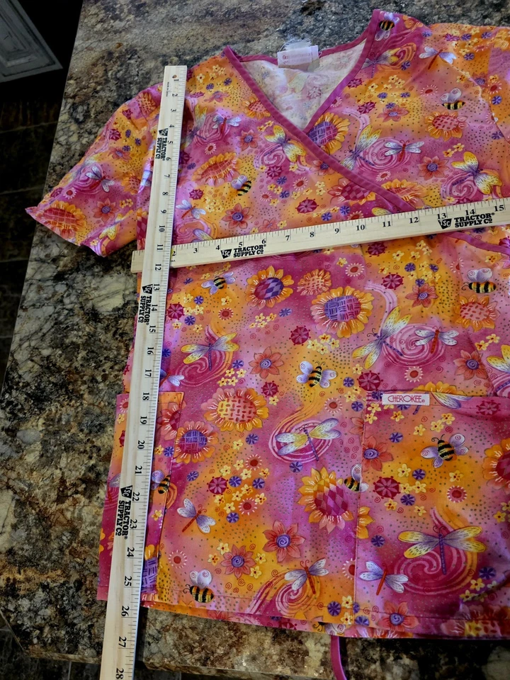 Cherokee Inspired Comfort Women`s Floral Short Sleeve V Neck Scrub Top - Image 4 of 4