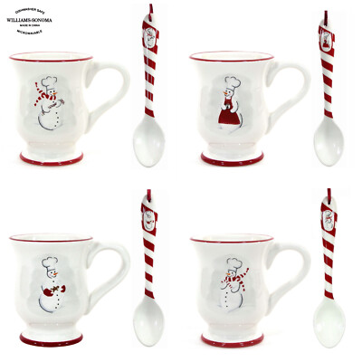 Williams-Sonoma SNOWMAN CHEF 10oz Footed Mug & Spoon Set 8Pc White Red MIB