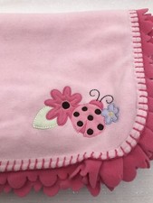 Parents Choice Pink Baby Blanket Ladybug Flowers Ruffle Scalloped Stitched Trim
