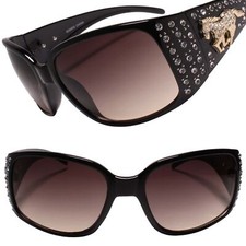 Horse Emblem Rhinestone Western Rustic Bling Cowgirl Style Sunglasses Gold Black
