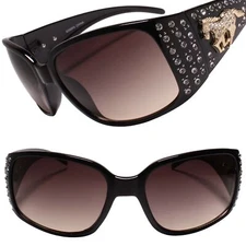 Horse Emblem Rhinestone Western Rustic Bling Cowgirl Style Sunglasses Gold Black