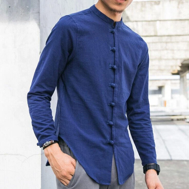 Men's Cotton Linen Shirt Casual Long Sleeves Tops Retro Slim