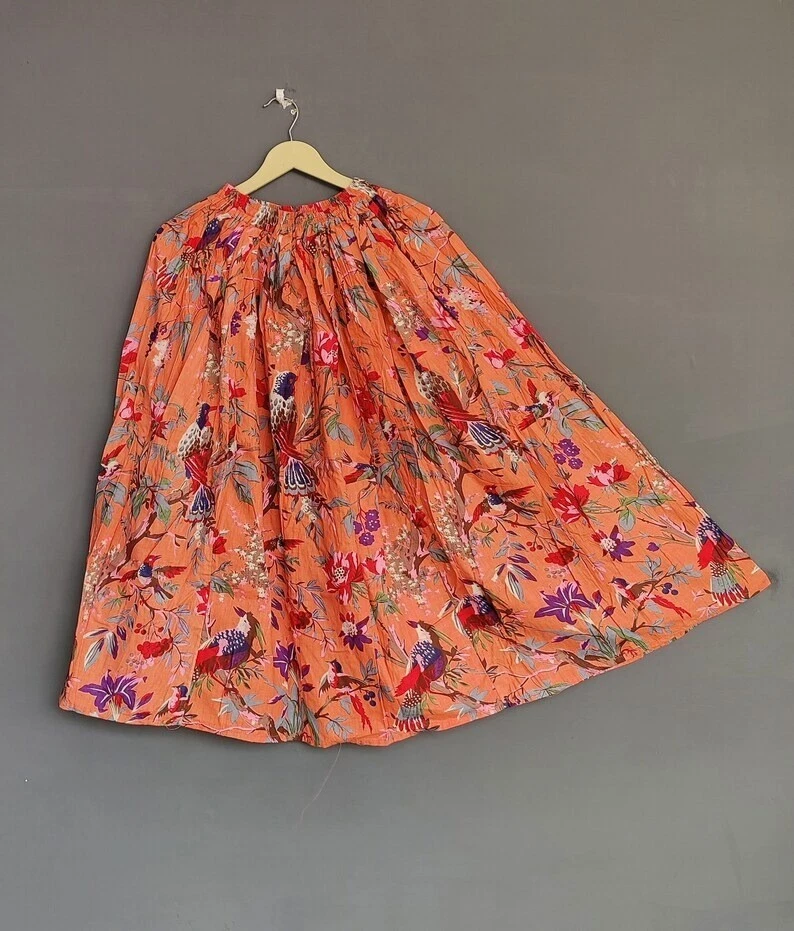 Cotton Orange Bird Printed Skirt Indian Women's Clothing Skirt Partywear Skirt