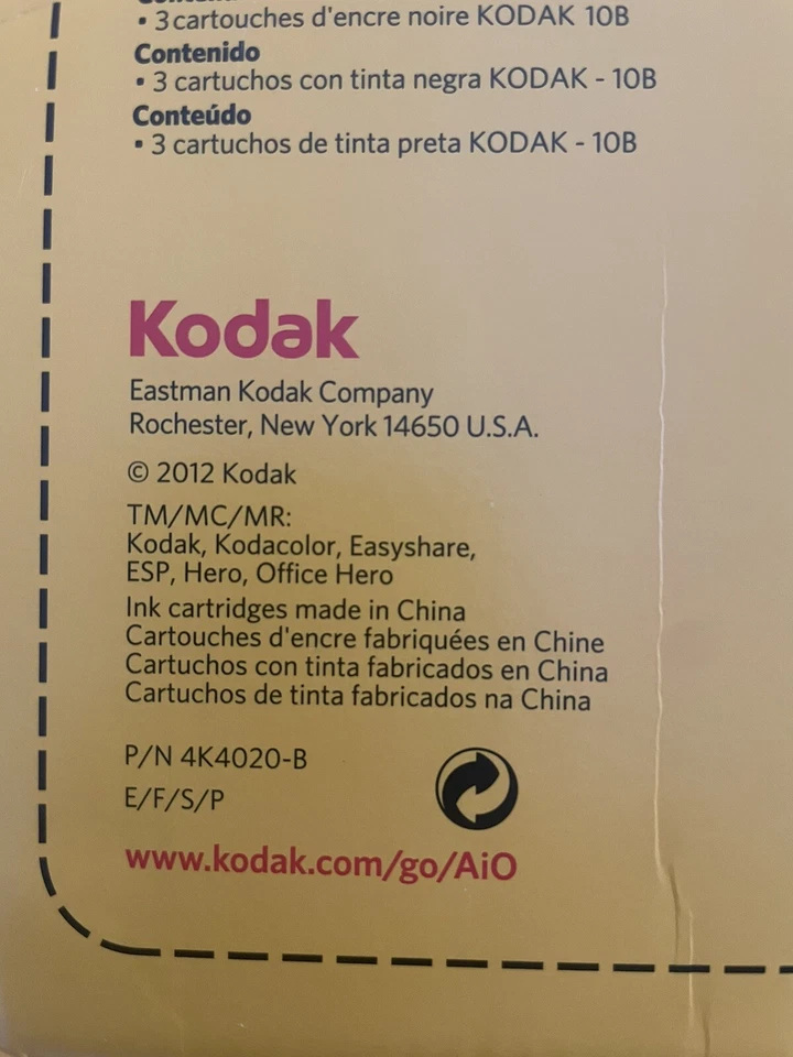Cartuchos de tinta originales Kodak 10B, paquete de 3 negros, fabricados en 2012, sellados Foto 4 de 4