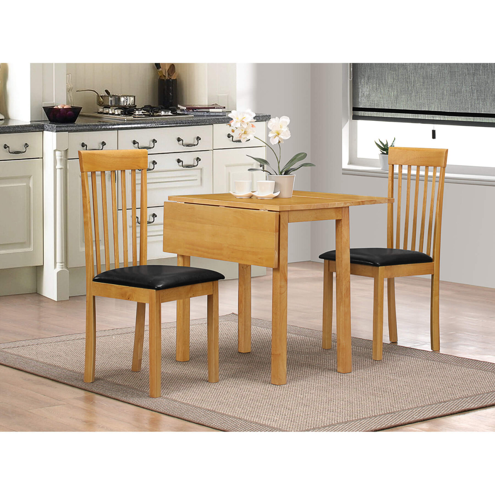 Dining Kitchen Table Set Oak Finish Drop Leaf Two Chairs
