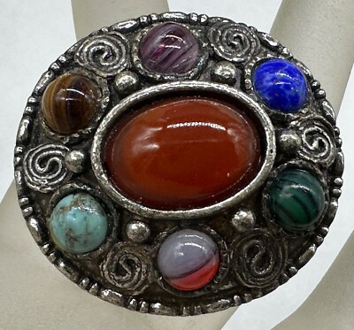 VINTAGE SILVER TONE AGATE LAPIS CARNELIAN SCOTTISH CELTIC OBAL SIGNED BROOCH