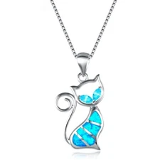 Hawaii Blue Fire Opal Cute Kitten Necklace pendants Silver Filled For Women Girl