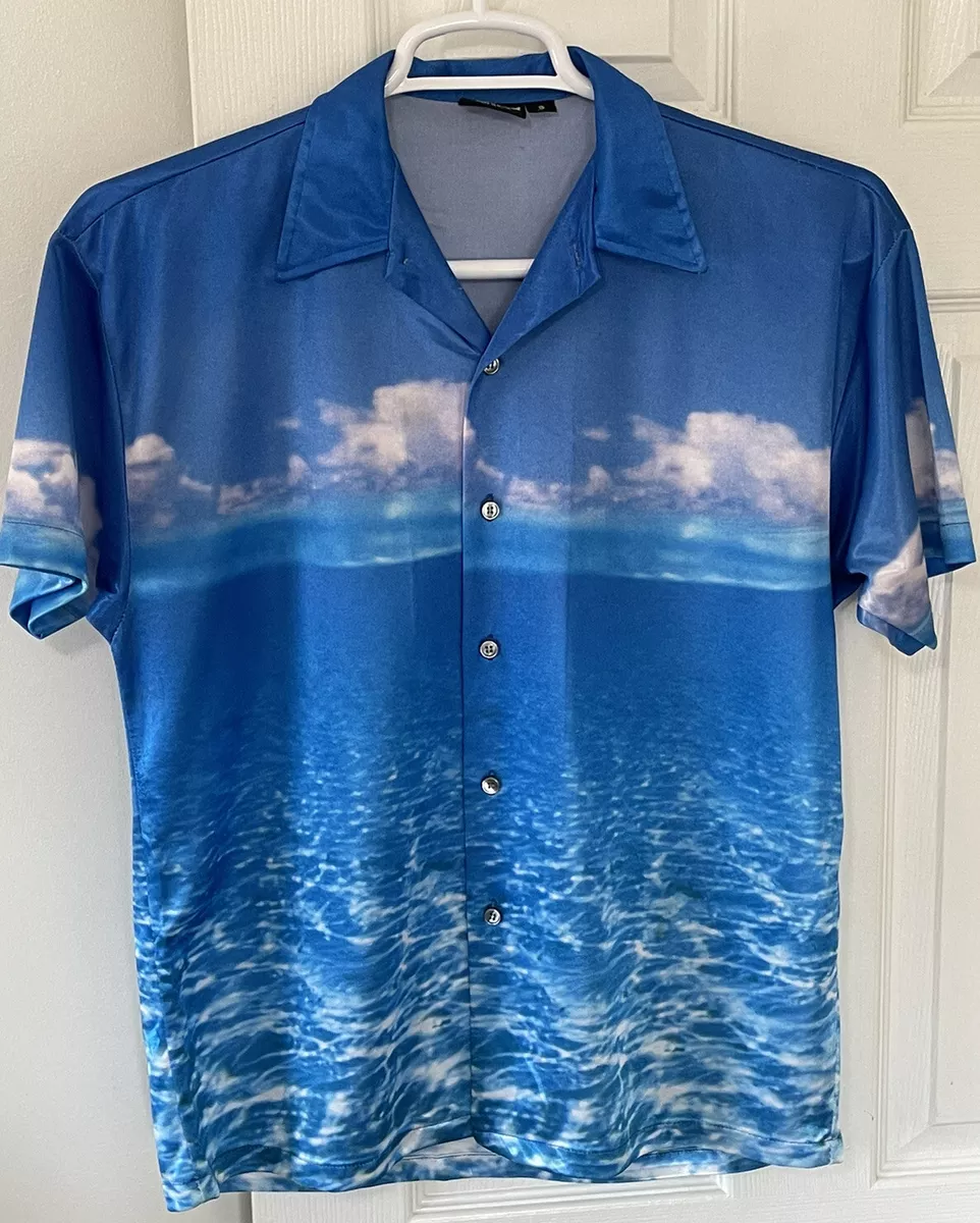 Men's Vintage Hutspah Polyester Button Up Shirt Blue Ocean Clouds