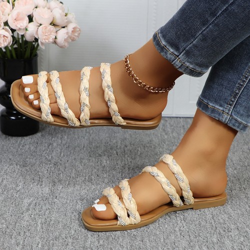Sandalias para mujer esmaltadas con estrás adornadas con correa trenzada punta cuadrada - Imagen 10 de 27