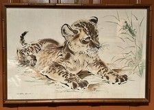 Lion Cub Watches Praying Mantis Watercolor  Framed Print by Ralph Thompson 25x16