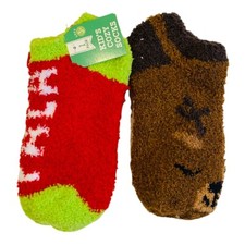 Kids Cozy Socks 2 Pack Christmas Fa La La La and Reindeer NWT Red Green Brown