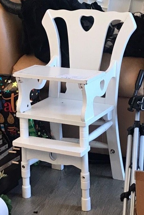 Wooden Play High Chair for Dolls, Stuffed Animals - White Wood Painted 