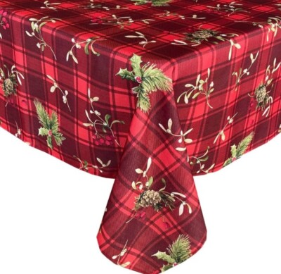 Newbridge Holiday Spruce Plaid Christmas Fabric Tablecloth Holly Berries 52x70
