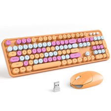 Wireless Keyboard and Mouse Combo, Orange Retro Keyboard with Round Keycaps, ...