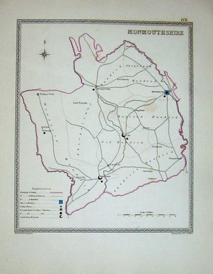Original alter antiker Druck topographische Karte England Monmouthshire Newport