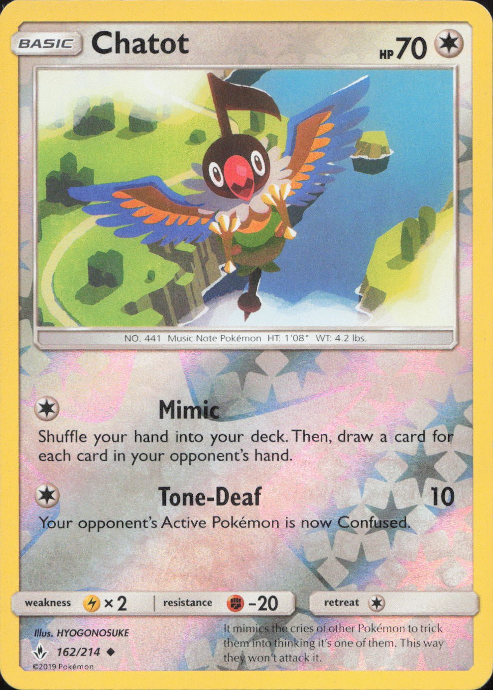 Chatot 162/214 UNCOMMON REVERSE HOLO Unbroken Bonds Pokemon Moderately Played