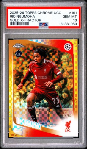 PSA 10 Rio Ngumoha GOLD X-FRACTOR /50 2025-26 Topps Chrome UEFA LFC #191 RC