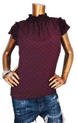 Cece L Top NWT Textured Dots Short Cap Flutter Sleeves Lined Blouse Cabernet