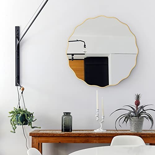Gold Circle Mirror 24 Inch Round Wavy Mirror Decorative Waved Edge Wall Mirror - Picture 3 of 8