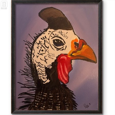 Guinia Fowl Painting 14x11 Contemporary Folk Art Canvas Signed Black White