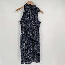 Merona Navy/White Leaf Print Bow-Neck Pleated Midi Dress Women's Sz S