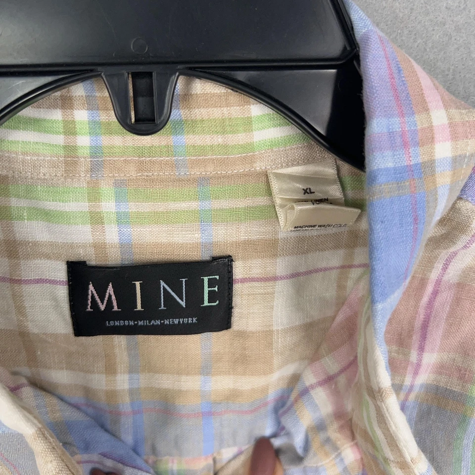 Camisa Mine Para Hombres XL Azul Rosa Verde Vestido a Cuadros Preppy Coastal Resort 100% Lino Foto 4 de 4