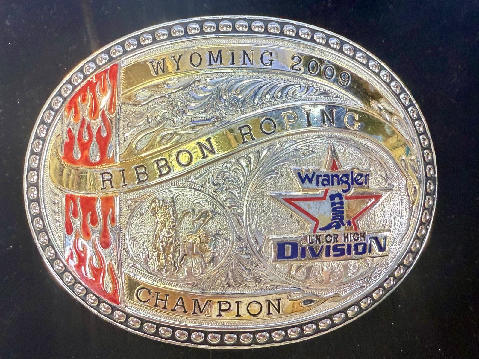 Wyoming JR High 09 Ribbon Roping Champion Wrangler Trophy Award Gist Belt Buckle