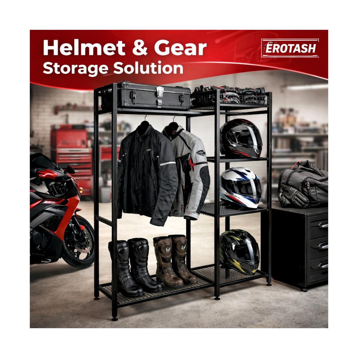 Helmet Stand – Metal Motorcycle Helmet Rack, Rotating Desktop Display Stand For Helmets, Caps & Hats (Black)