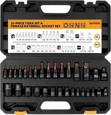 31-Piece Torx Bit Socket Set: 14 Star Bits T8-T70 & 13 E-Torx Sockets E4-E24, Pr