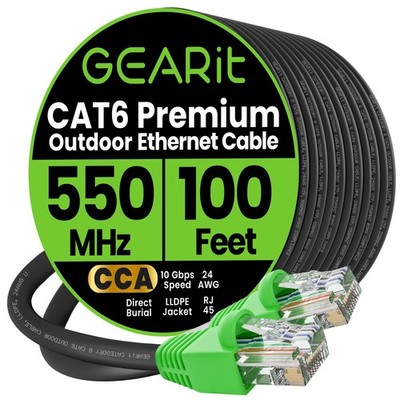 GEARit Cat6 Ethernet Cable 100ft, Direct Burial Outdoor Cat 6 100 Feet, Black 
