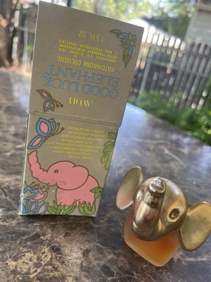 Vintage Avon Good Luck Elephant Patchwork Cologne 1.5 oz Full In Box 1970s