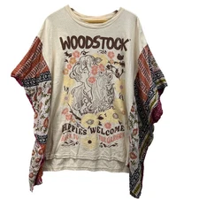 Upcycled Woodstock Oversized Graphic T Shirt Women's XXL Patchwork Sleeves READ