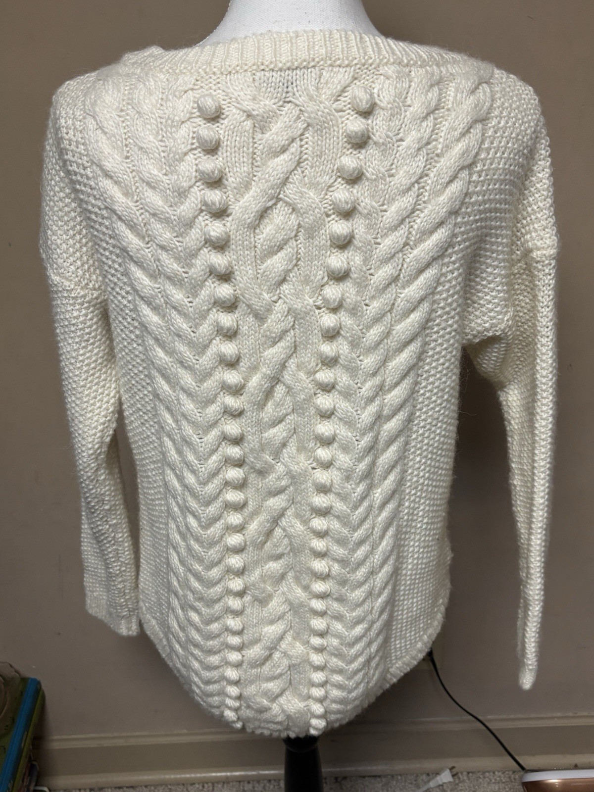 TALBOTS Cable-Knit Sweater Women Medium Off-White Cream Ivory Wool Pom Fisherman thumbnail 4