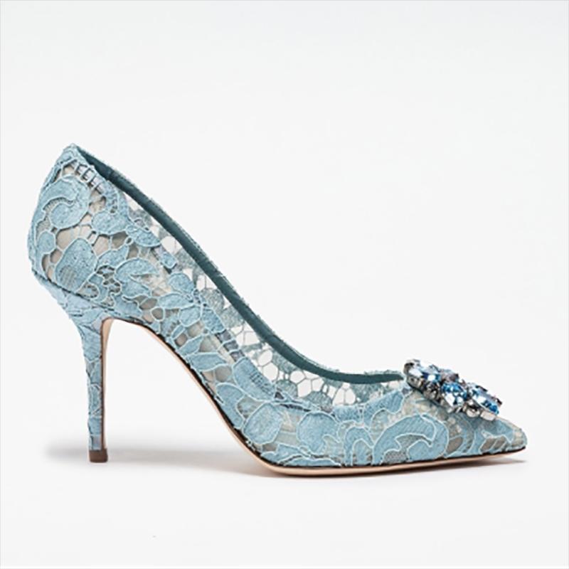 Zapatos de salón de tacón alto de encaje con puntera puntiaguda de diamantes de imitación para mujer tacón bajo de aguja