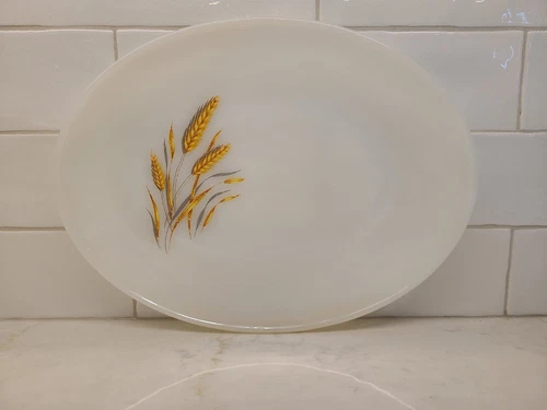 FIRE KING: MILK GLASS, WHEAT, SERVING PLATTER, oval, 12"x9", 1960s, Vintage