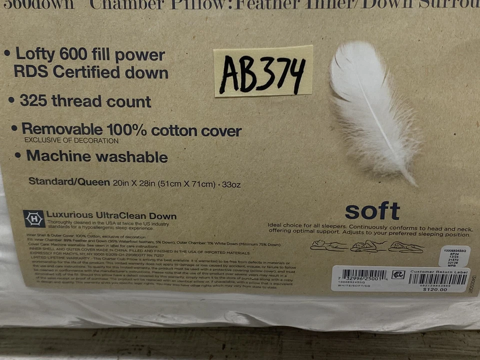 Charter Club 360 Chamber Feather Down (1) Standard Pillow Soft Density New - Image 3 of 4