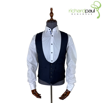 Ben Sherman Marine Weste Blau Scooped Slim Fit 100% Wolle Passt Anzug