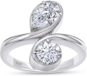 Authentic 1.4ct Pear & Round Shape Lab Grown Diamond Two Stone Bypass Ring 925 Sterling