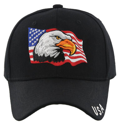 NEW! EAGLE USA CENTER FLAG HEAD BASEBALL CAP HAT BLACK