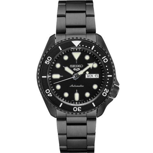 Seiko 5 Sports Automatic SRPD65 Black Day Date Stainless Steel Bracelet Watch