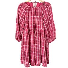 NEW Madewell Mini Dress Women’s XS Oversized Pink Plaid Shirred Babydoll Casual