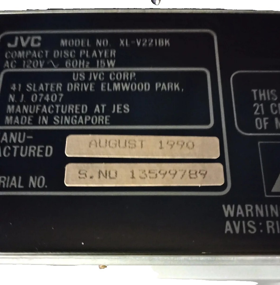 Vintage JVC XL-V221BK CD Compact Disc Player 1990 Tested Works