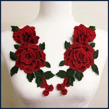 New 1 Pair Red Embroidery Rose Flower Sew On Patch Dress Hat Bag Jeans Applique