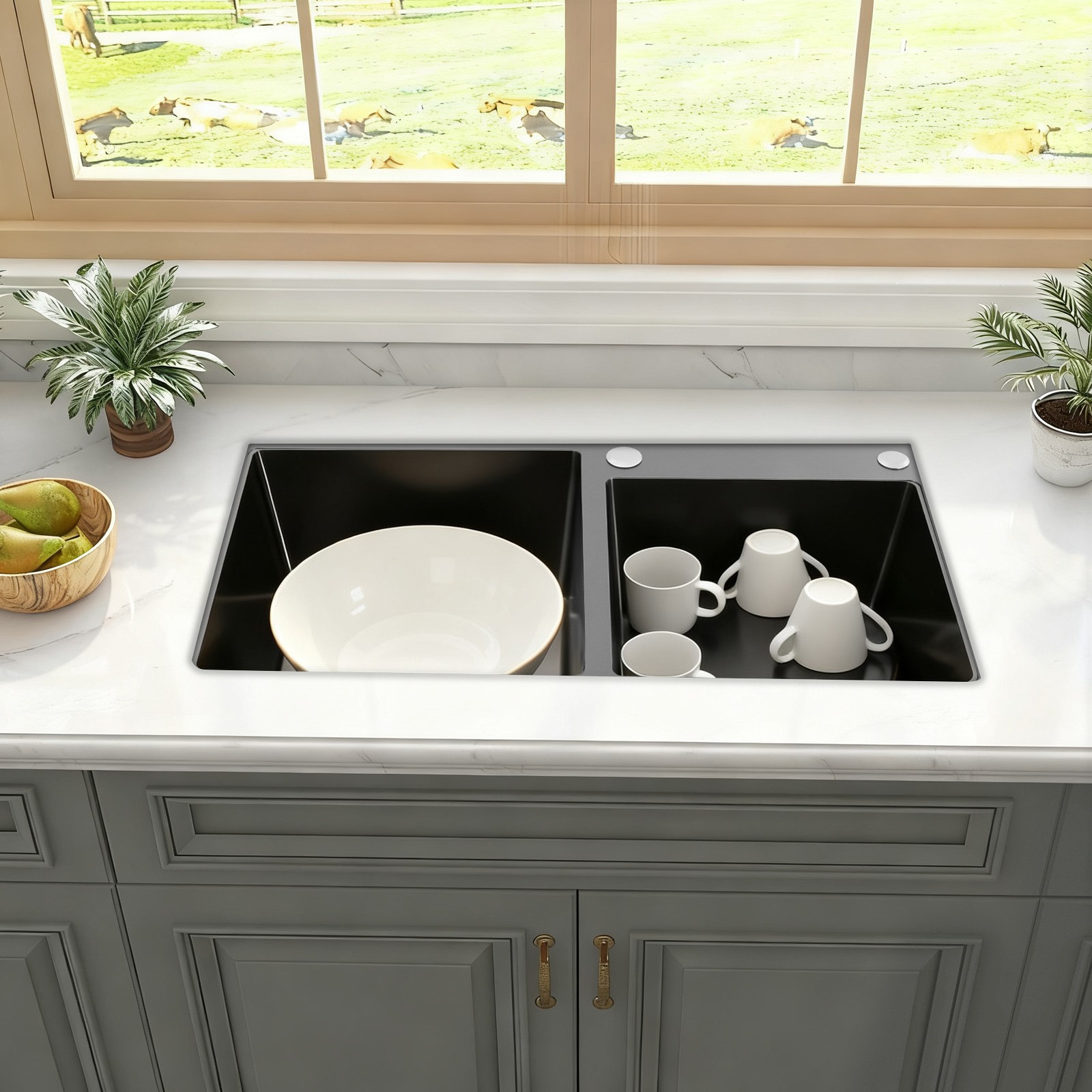 Double-Bowl Kitchen Sink, Multifunctional Overmount Stainless Steel Sink, Black