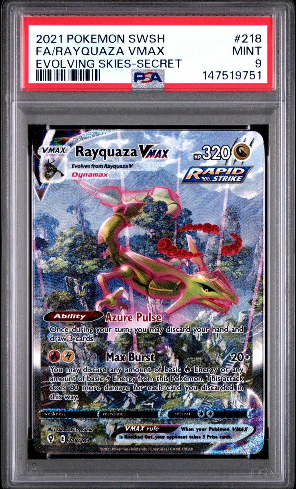 2021 Pokemon SWSH #218 FA/Rayquaza VMAX Evolving Skies-Secret PSA9