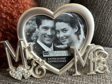 Mr.  Mrs. Wedding Photo Frame Fits 4"x4" Photograph Silver Rhinestone Metal NEW