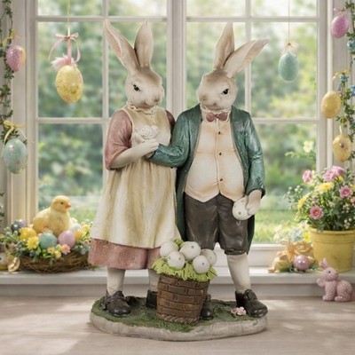 Nostalgisches Osterhasen Paar Beige Türkis Rosa 15x8x26cm Clayre & Eef Ostern