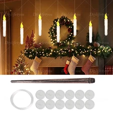 12× Floating Hanging Flickering Flameless LED Taper Candles w/ Magic Wand Remote