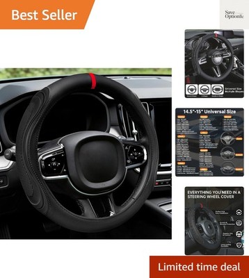 Black Leather Steering Wheel Cover, Quick Install Fit 14.5-15 Inch | 3D Honey...
