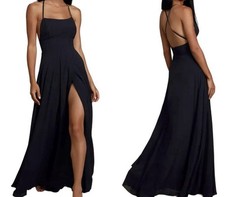 Lulus Dreamy Romance Backless Front Slit Chiffon Maxi Dress Size Medium Black